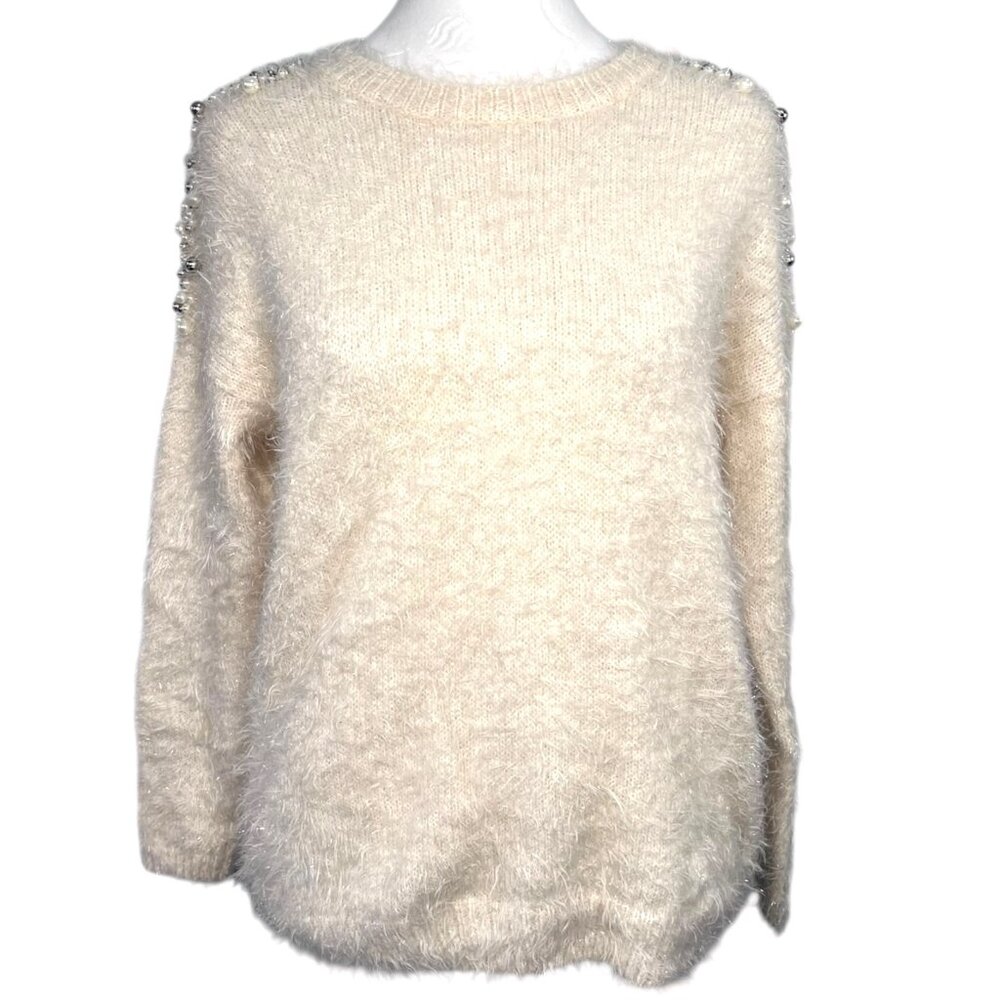 Mizumi Sweater Beaded Shoulders Cozy Eyelash Knit Small